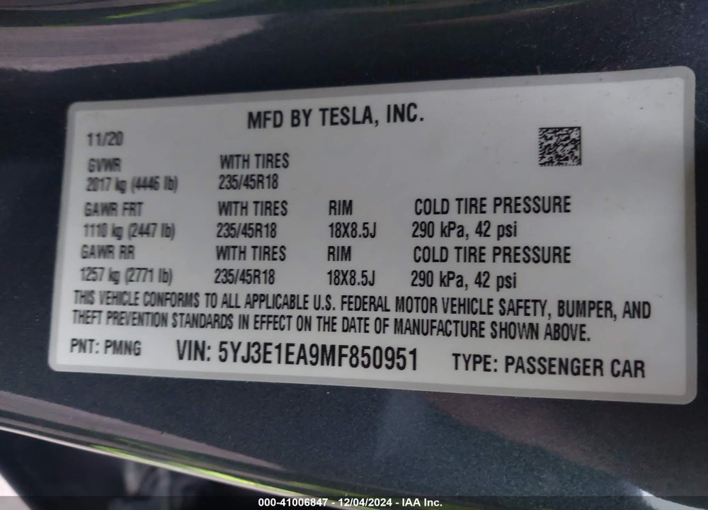 2021 TESLA MODEL 3 STANDARD RANGE PLUS REAR-WHEEL DRIVE VIN: 5YJ3E1EA9MF850951