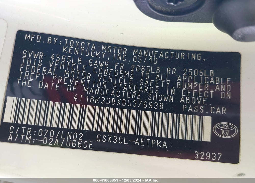 2011 TOYOTA AVALON LIMITED VIN: 4T1BK3DBXBU376938