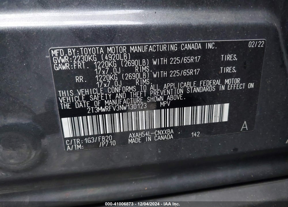 2022 TOYOTA RAV4 HYBRID LE VIN: 2T3MWRFV3NW130123