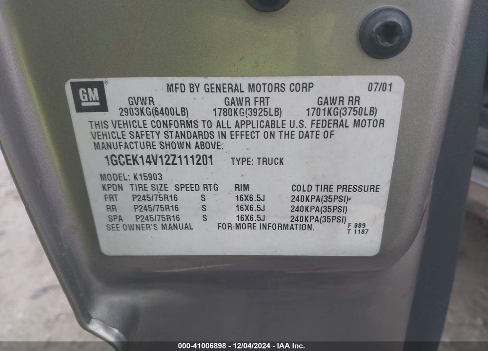 2002 CHEVROLET SILVERADO 1500 VIN: 1GCEK14V12Z111201