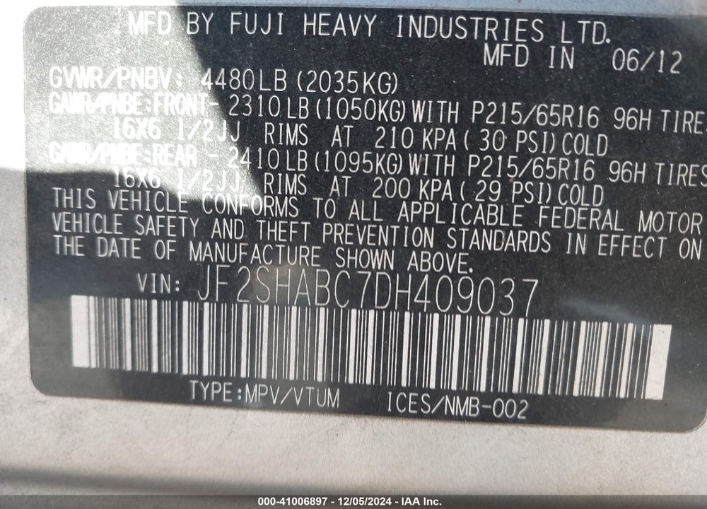 2013 SUBARU FORESTER 2.5X VIN: JF2SHABC7DH409037