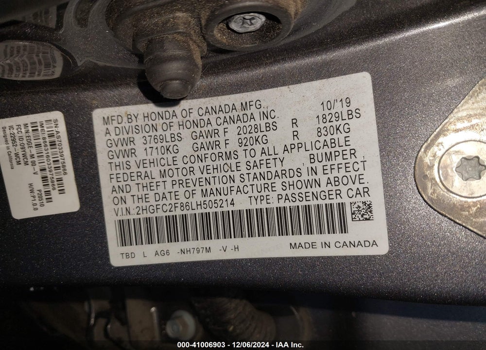 2020 HONDA CIVIC SPORT VIN: 2HGFC2F86LH505214