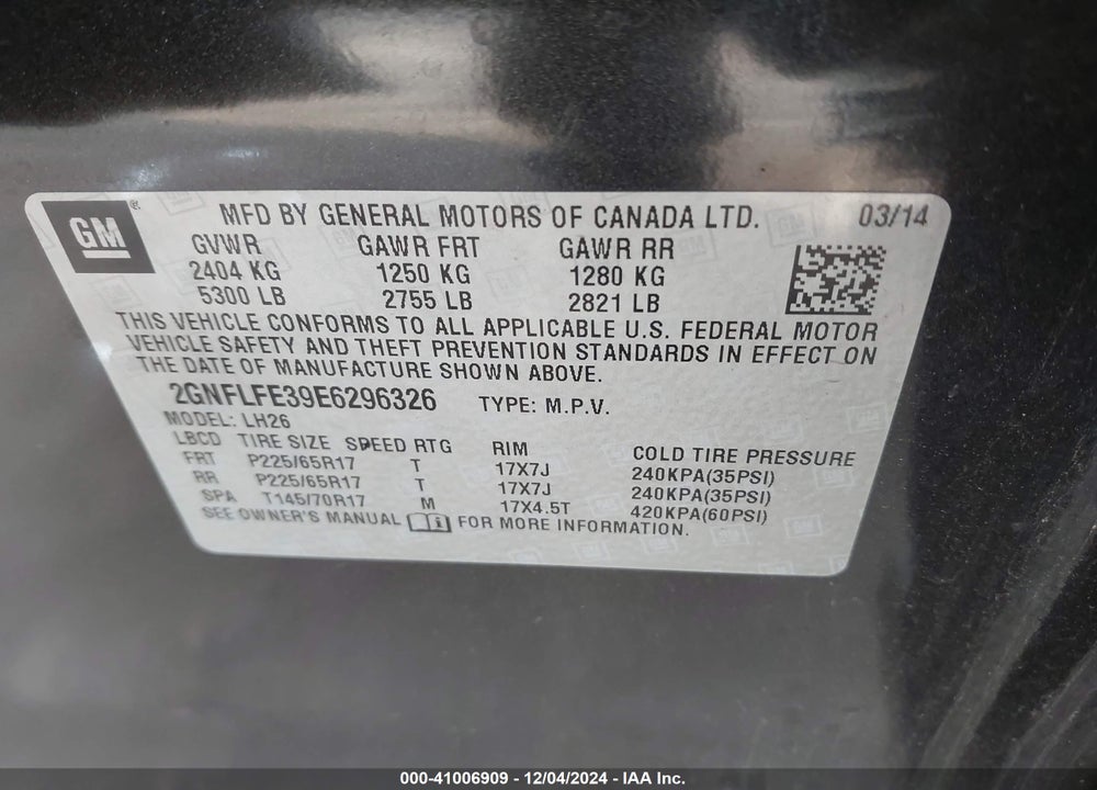 2014 CHEVROLET EQUINOX 1LT VIN: 2GNFLFE39E6296326