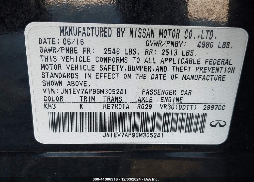 2016 INFINITI Q50 VIN: JN1EV7AP9GM305241