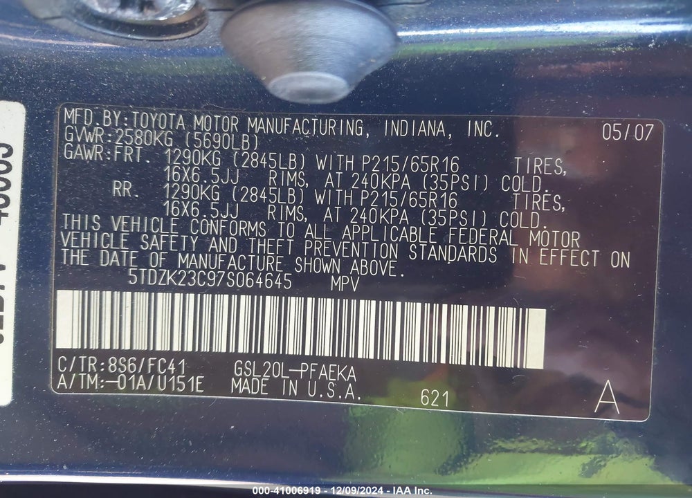 2007 TOYOTA SIENNA LE VIN: 5TDZK23C97S064645