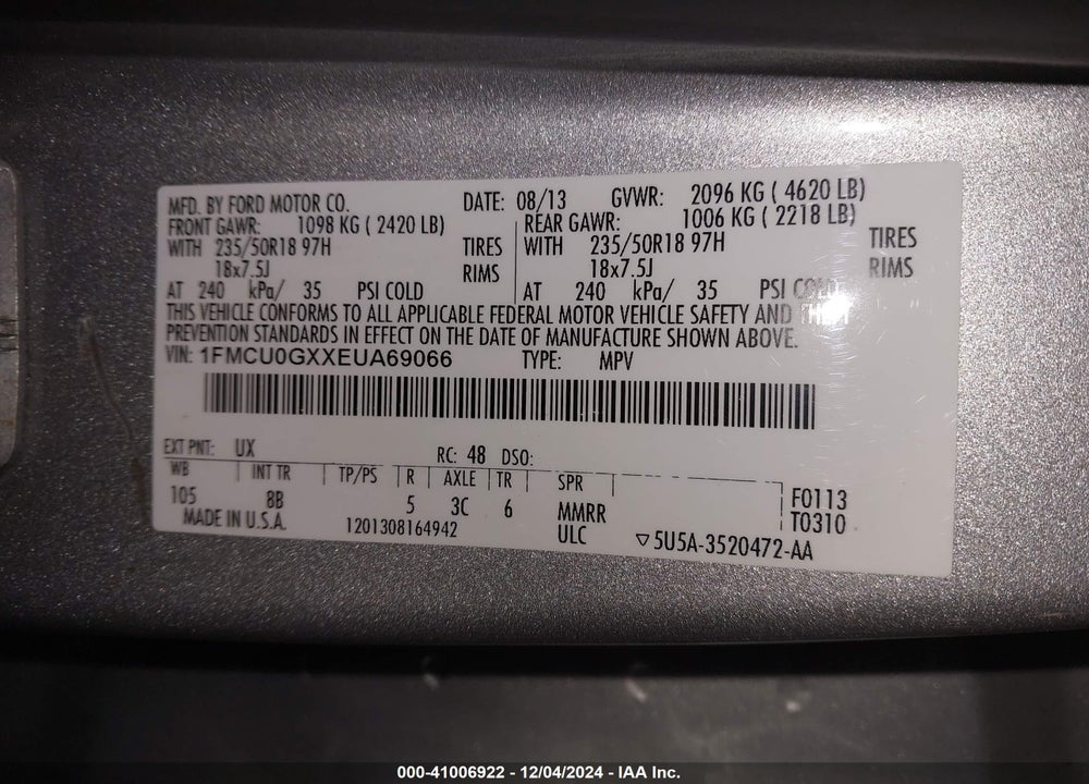 2014 FORD ESCAPE SE VIN: 1FMCU0GXXEUA69066