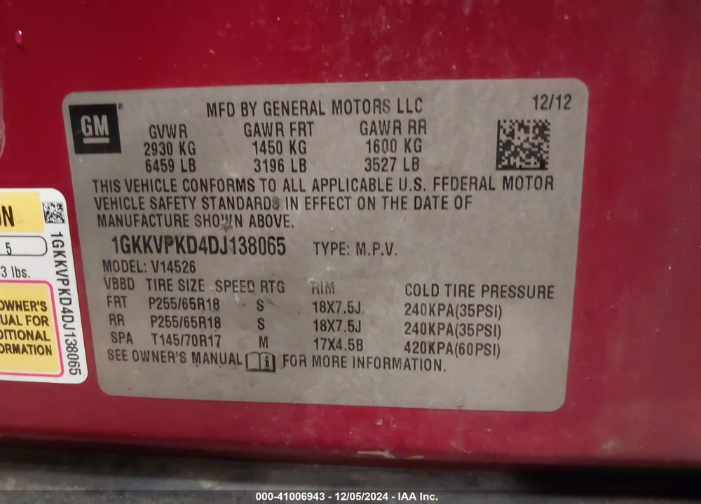 2013 GMC ACADIA SLE-2 VIN: 1GKKVPKD4DJ138065