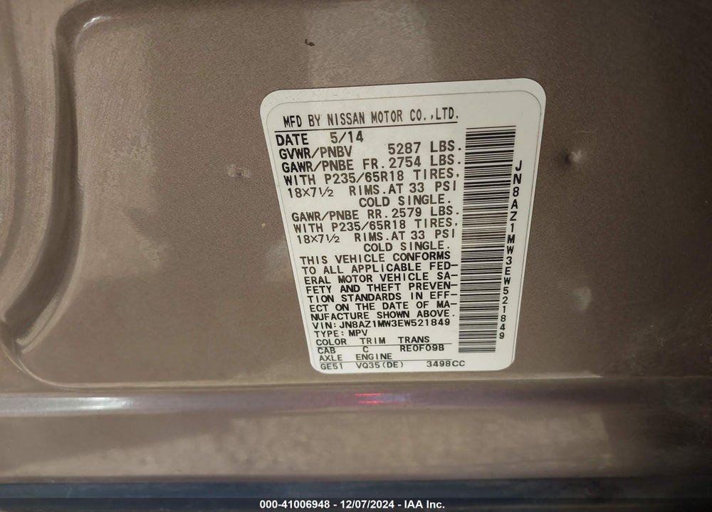 2014 NISSAN MURANO SL VIN: JN8AZ1MW3EW521849