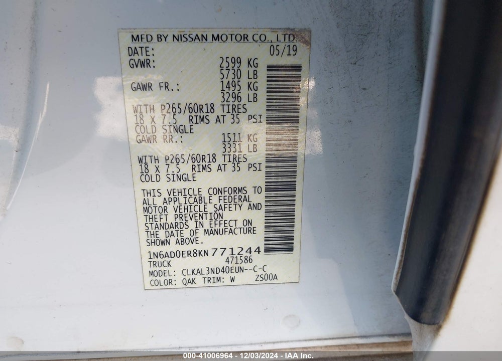 2019 NISSAN FRONTIER SL VIN: 1N6AD0ER8KN771244
