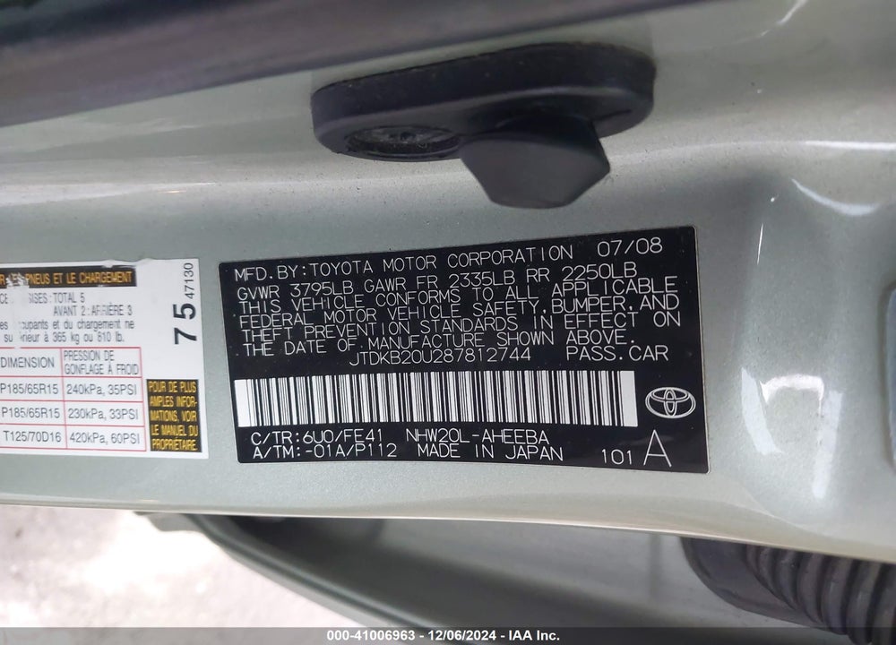 2008 TOYOTA PRIUS VIN: JTDKB20U287812744