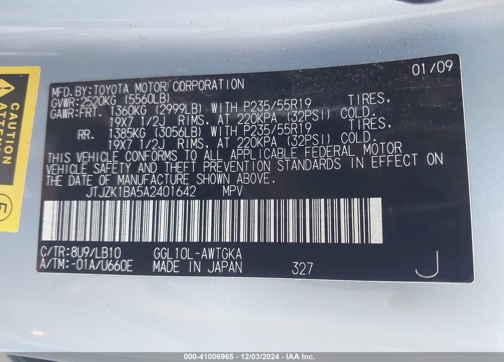 2010 LEXUS RX 350 VIN: JTJZK1BA5A2401642