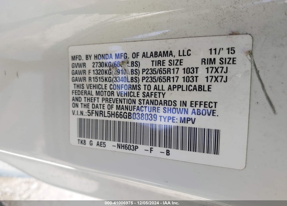 2016 HONDA ODYSSEY EX-L VIN: 5FNRL5H66GB038039