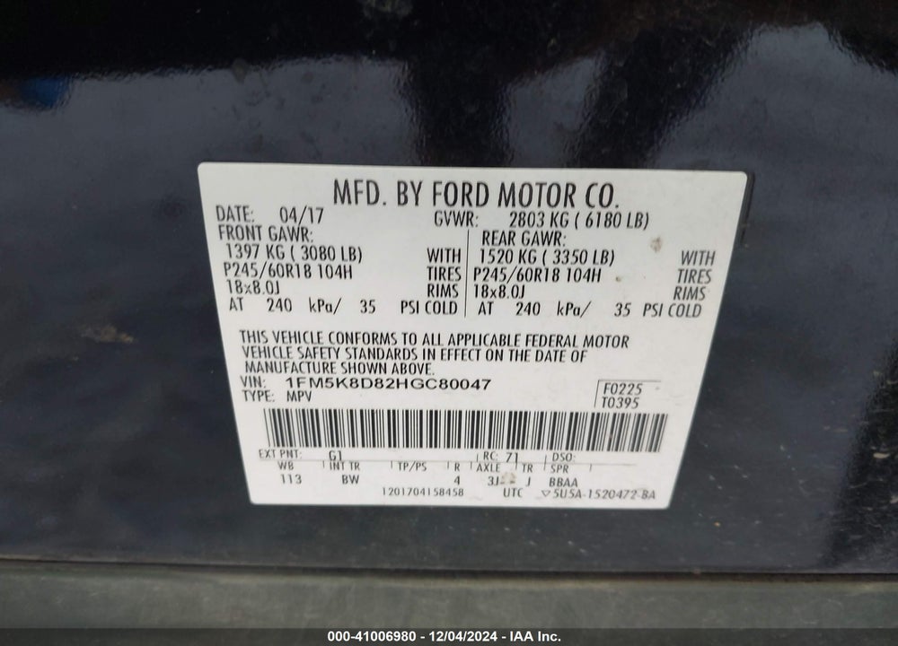 2017 FORD EXPLORER XLT VIN: 1FM5K8D82HGC80047