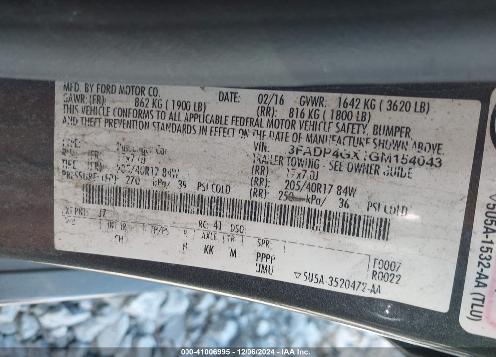 2016 FORD FIESTA VIN: 3FADP4GX1GM154043
