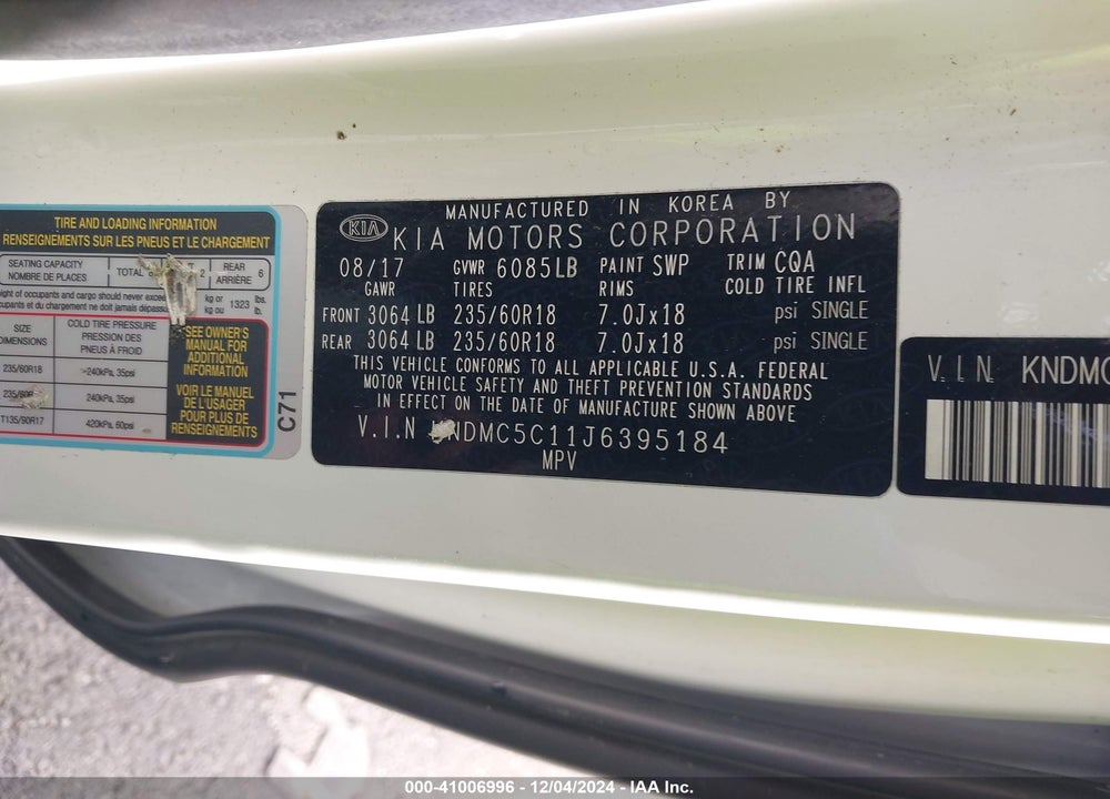 2018 KIA SEDONA EX VIN: KNDMC5C11J6395184