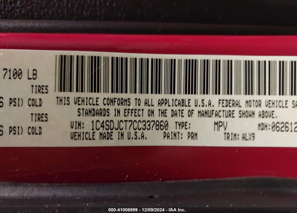 2012 DODGE DURANGO R/T VIN: 1C4SDJCT7CC337860