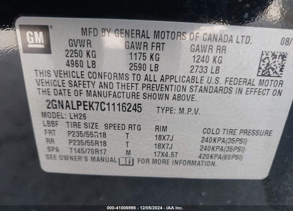 2012 CHEVROLET EQUINOX 2LT VIN: 2GNALPEK7C1116245