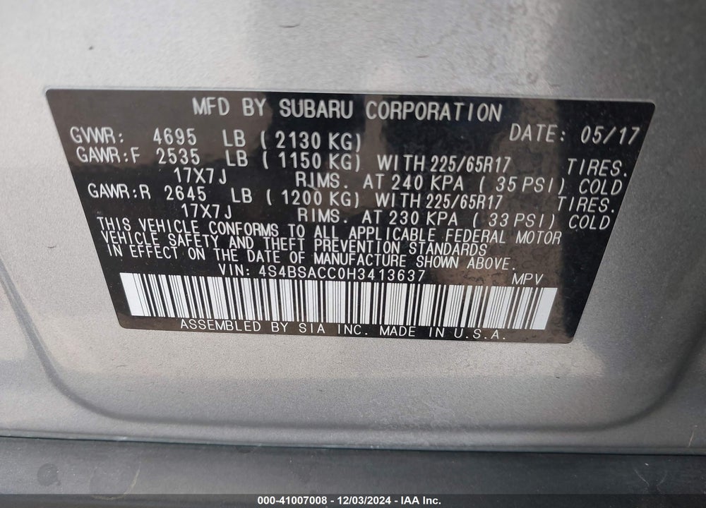 2017 SUBARU OUTBACK 2.5I PREMIUM VIN: 4S4BSACC0H3413637