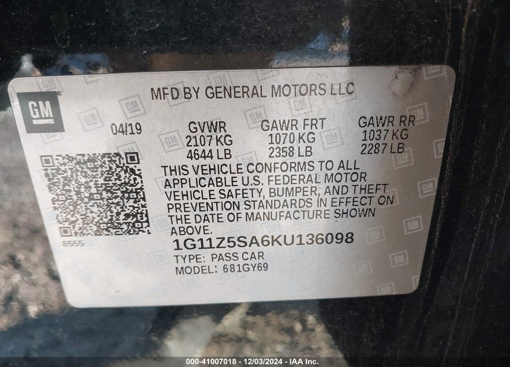2019 CHEVROLET IMPALA VIN: 1G11Z5SA6KU136098