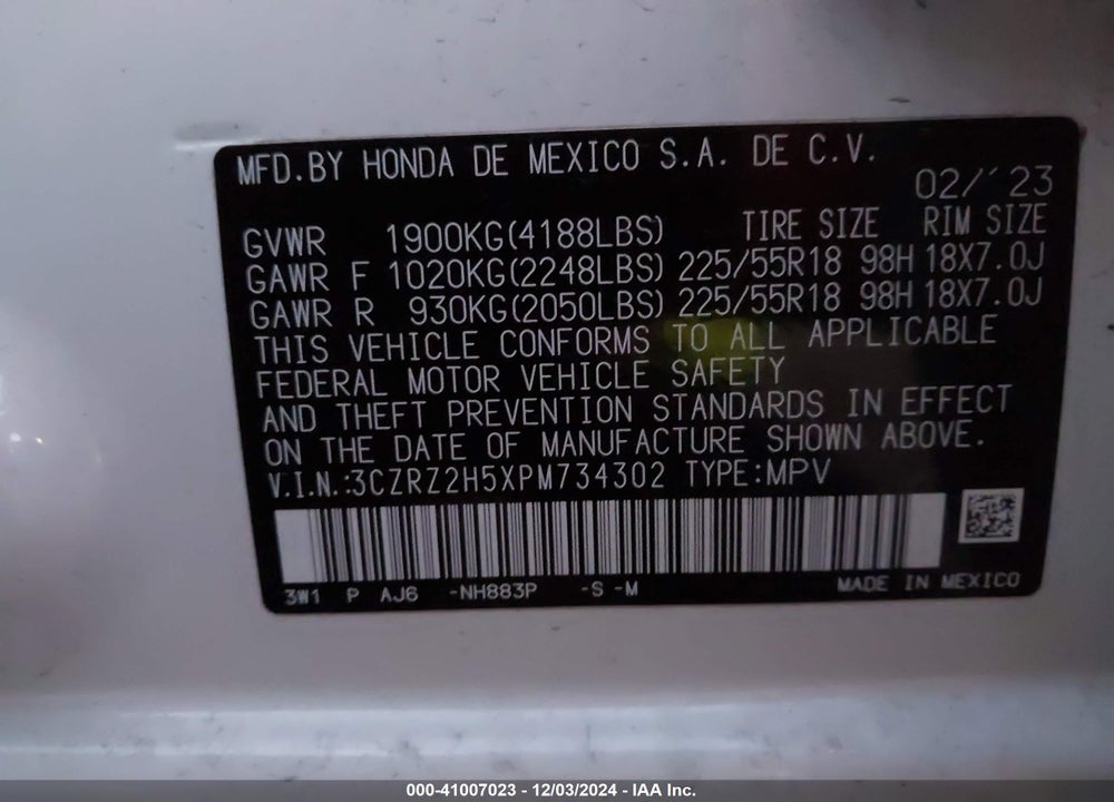 2023 HONDA HR-V AWD SPORT VIN: 3CZRZ2H5XPM734302