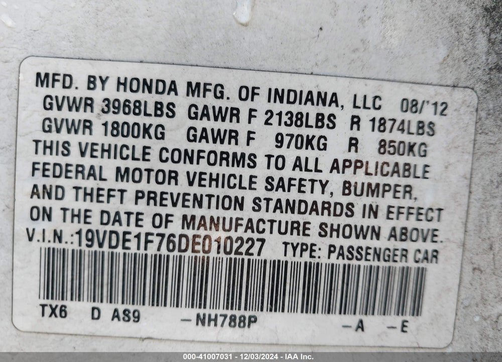 2013 ACURA ILX 2.0L VIN: 19VDE1F76DE010227