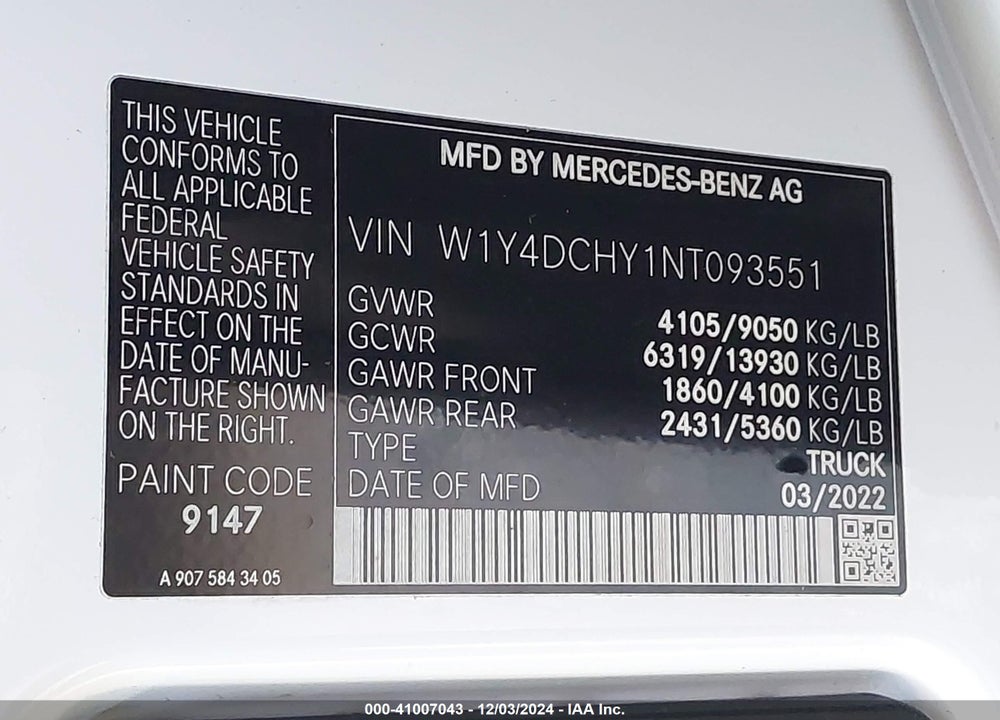 2022 MERCEDES-BENZ SPRINTER 2500 HIGH ROOF I4 DIESEL VIN: W1Y4DCHY1NT093551