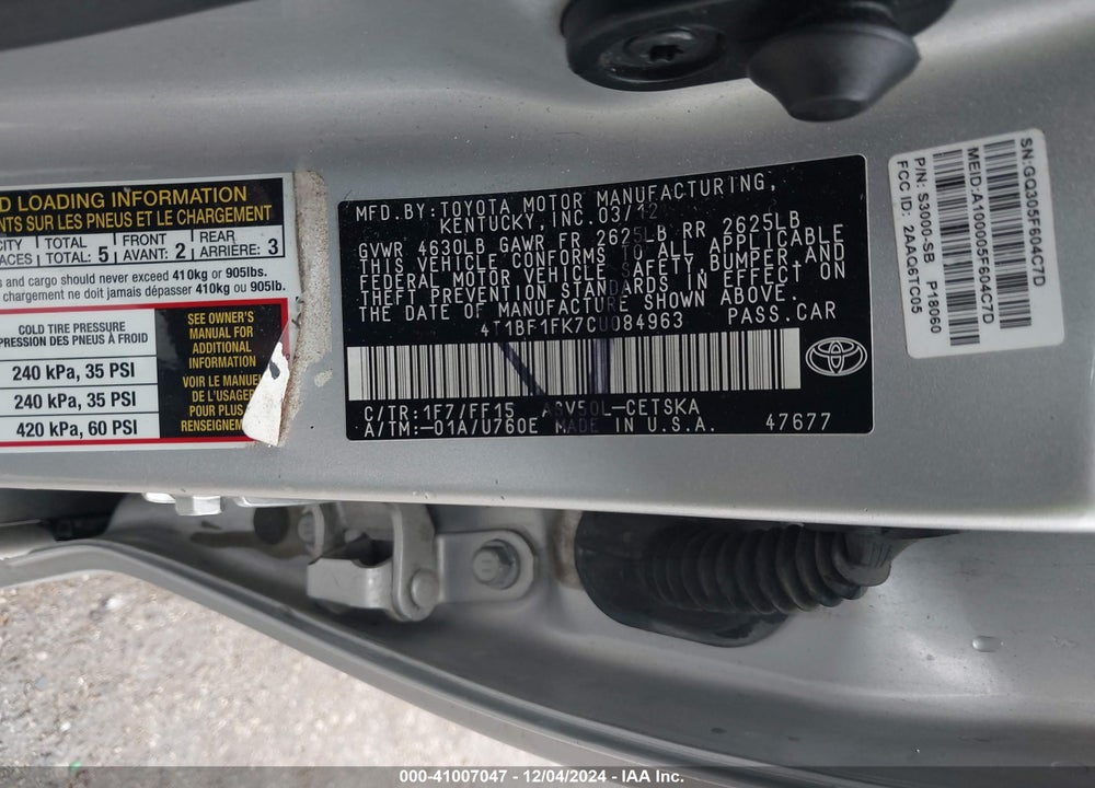 2012 TOYOTA CAMRY SE VIN: 4T1BF1FK7CU084963