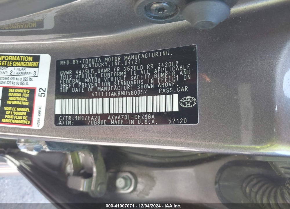 2021 TOYOTA CAMRY SE VIN: 4T1T11AK8MU580057
