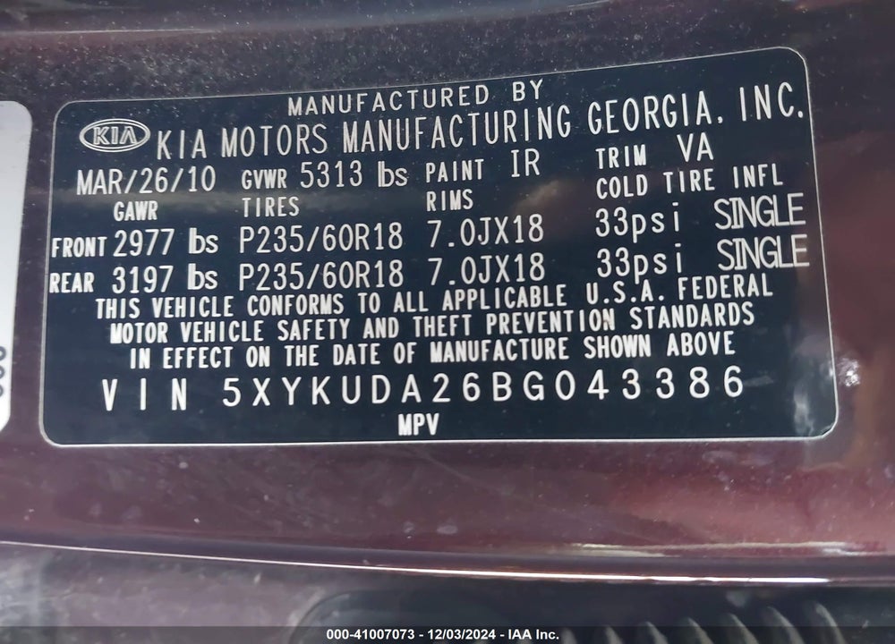 2011 KIA SORENTO EX V6 VIN: 5XYKUDA26BG043386