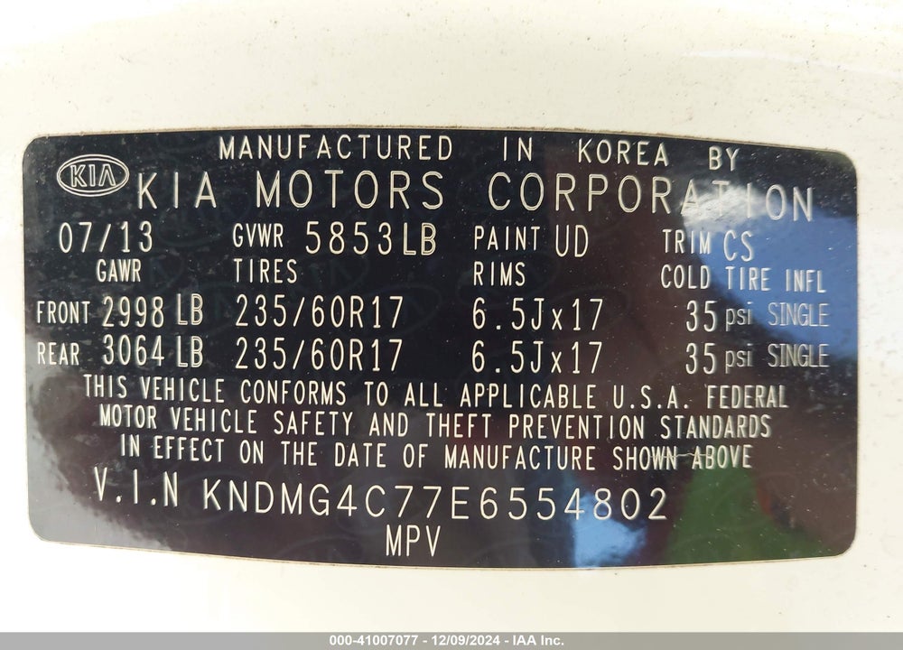 2014 KIA SEDONA LX VIN: KNDMG4C77E6554802