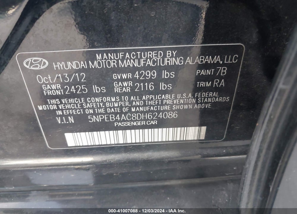 2013 HYUNDAI SONATA VIN: 5NPEB4AC8DH624086