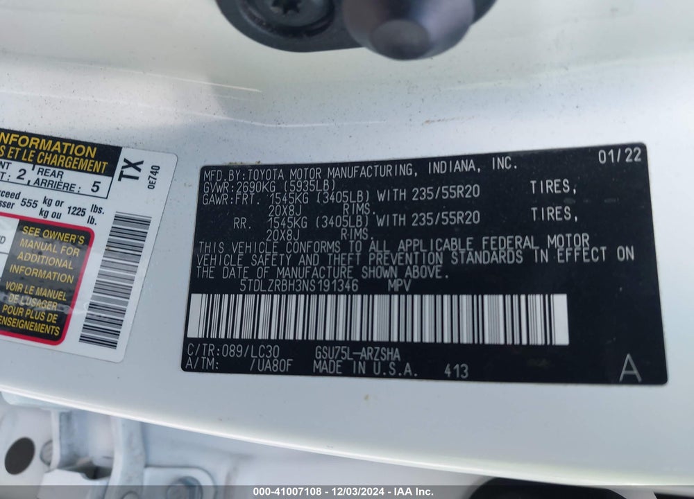2022 TOYOTA HIGHLANDER XSE VIN: 5TDLZRBH3NS191346