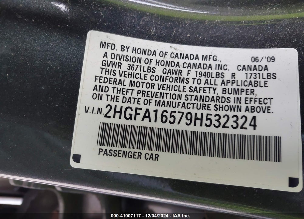 2009 HONDA CIVIC LX VIN: 2HGFA16579H532324