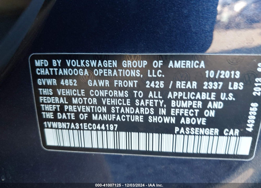 2014 VOLKSWAGEN PASSAT 2.0L TDI SE VIN: 1VWBN7A31EC044197