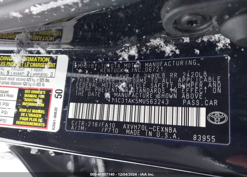 2021 TOYOTA CAMRY LE HYBRID VIN: 4T1C31AK5MU563243