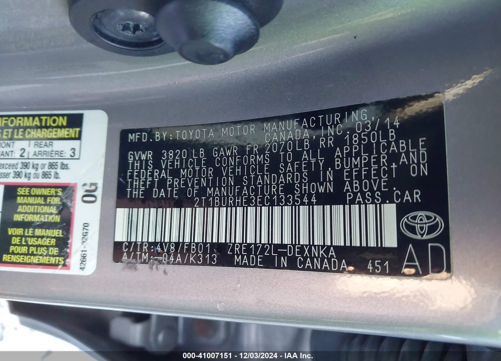 2014 TOYOTA COROLLA LE VIN: 2T1BURHE3EC133544