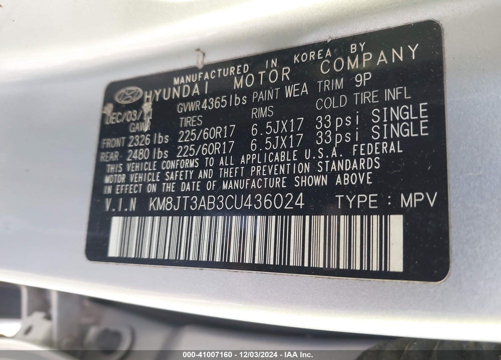 2012 HYUNDAI TUCSON GL VIN: KM8JT3AB3CU436024