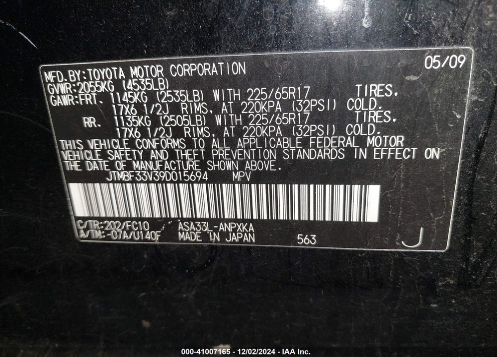2009 TOYOTA RAV4 VIN: JTMBF33V39D015694