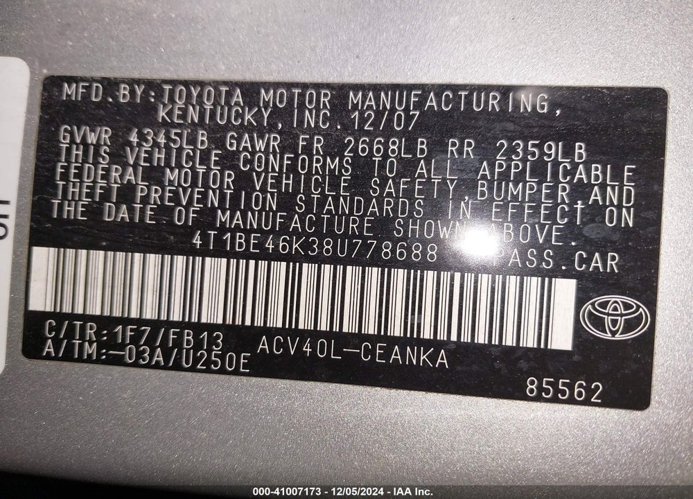 2008 TOYOTA CAMRY VIN: 4T1BE46K38U778688