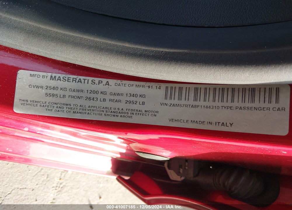 2015 MASERATI GHIBLI S Q4 VIN: ZAM57RTA8F1144310
