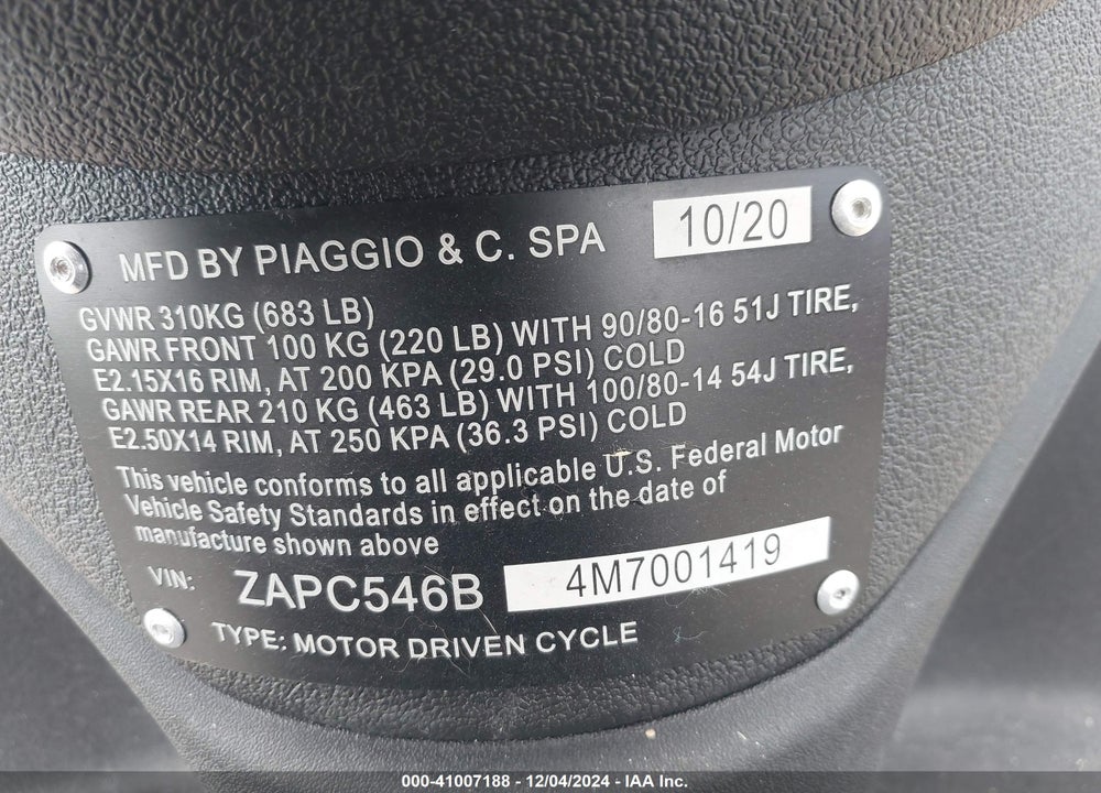 2021 PIAGGIO LIBERTY 50/50 S VIN: ZAPC546B4M7001419