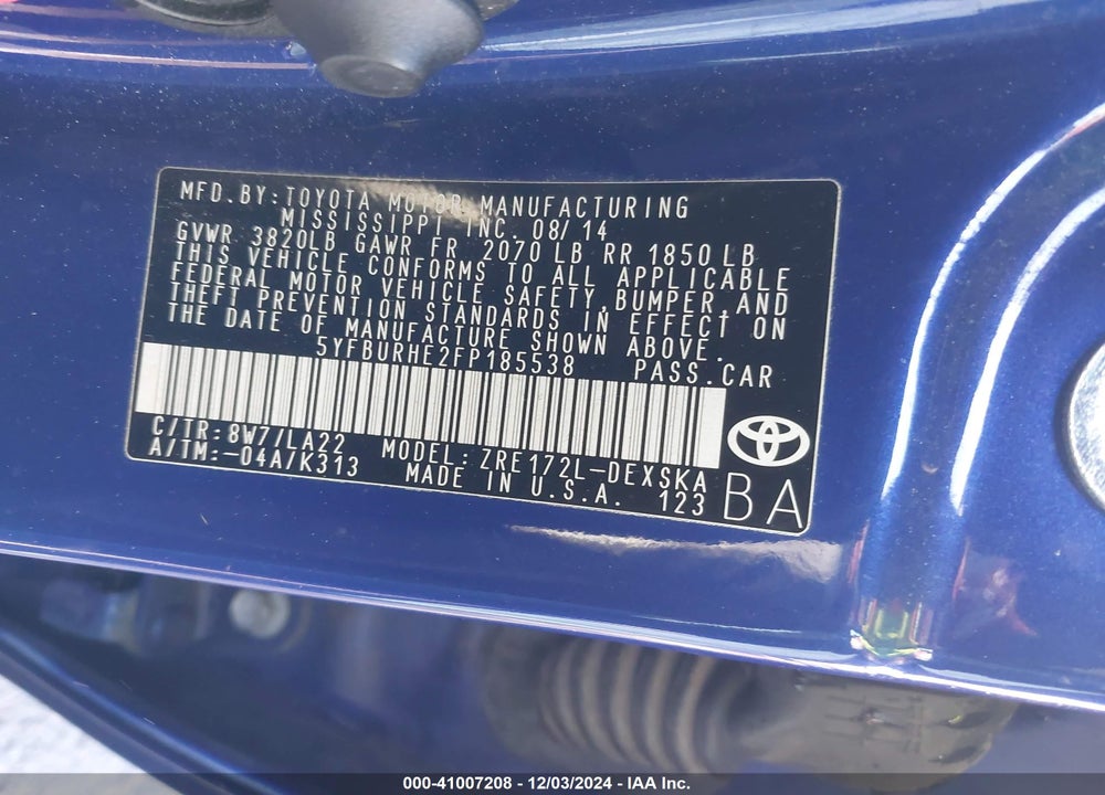 2015 TOYOTA COROLLA S PREMIUM VIN: 5YFBURHE2FP185538