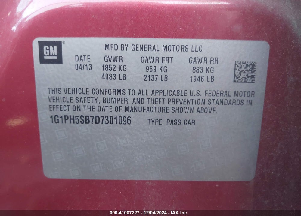 2013 CHEVROLET CRUZE ECO AUTO VIN: 1G1PH5SB7D7301096
