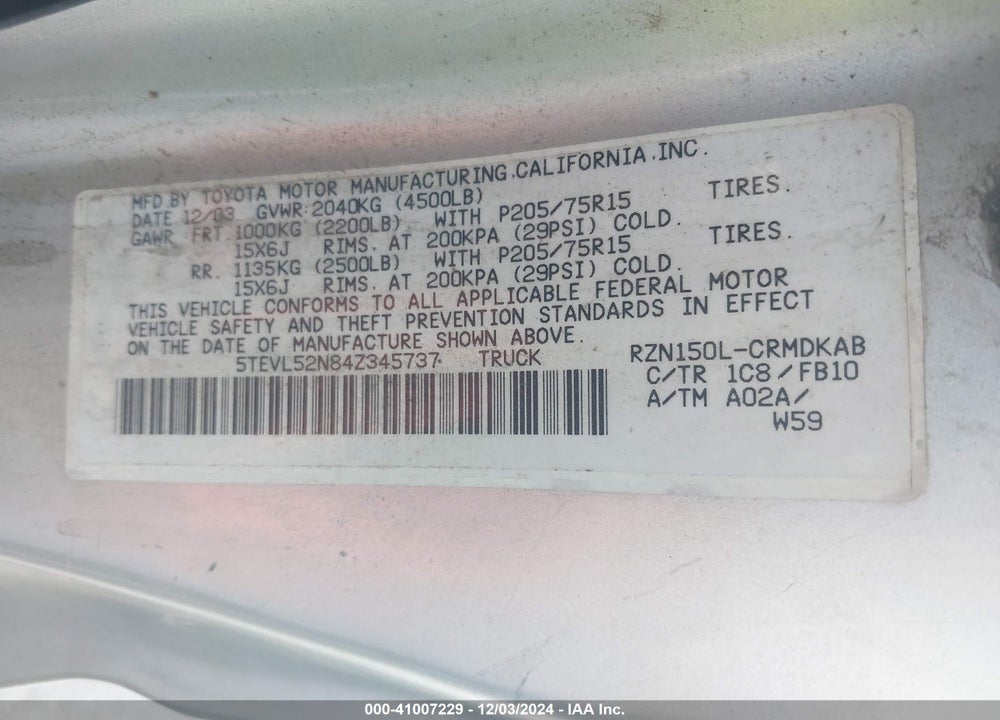2004 TOYOTA TACOMA VIN: 5TEVL52N84Z345737