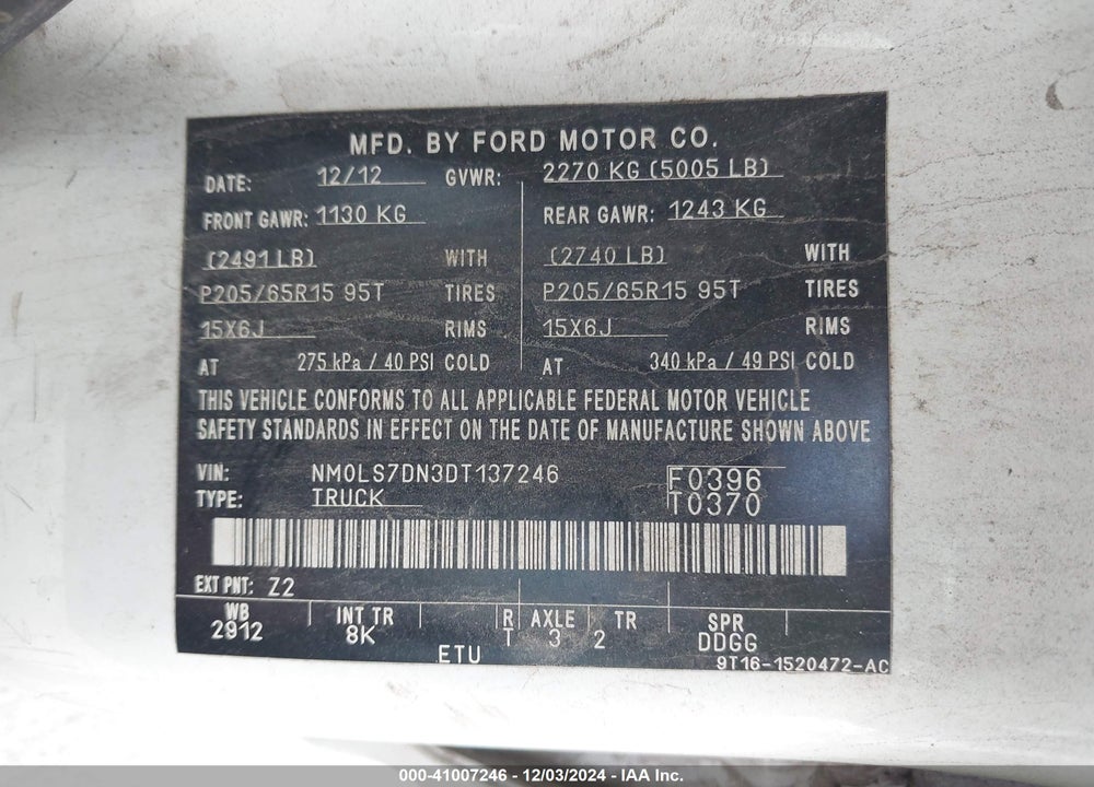 2013 FORD TRANSIT CONNECT XLT VIN: NM0LS7DN3DT137246