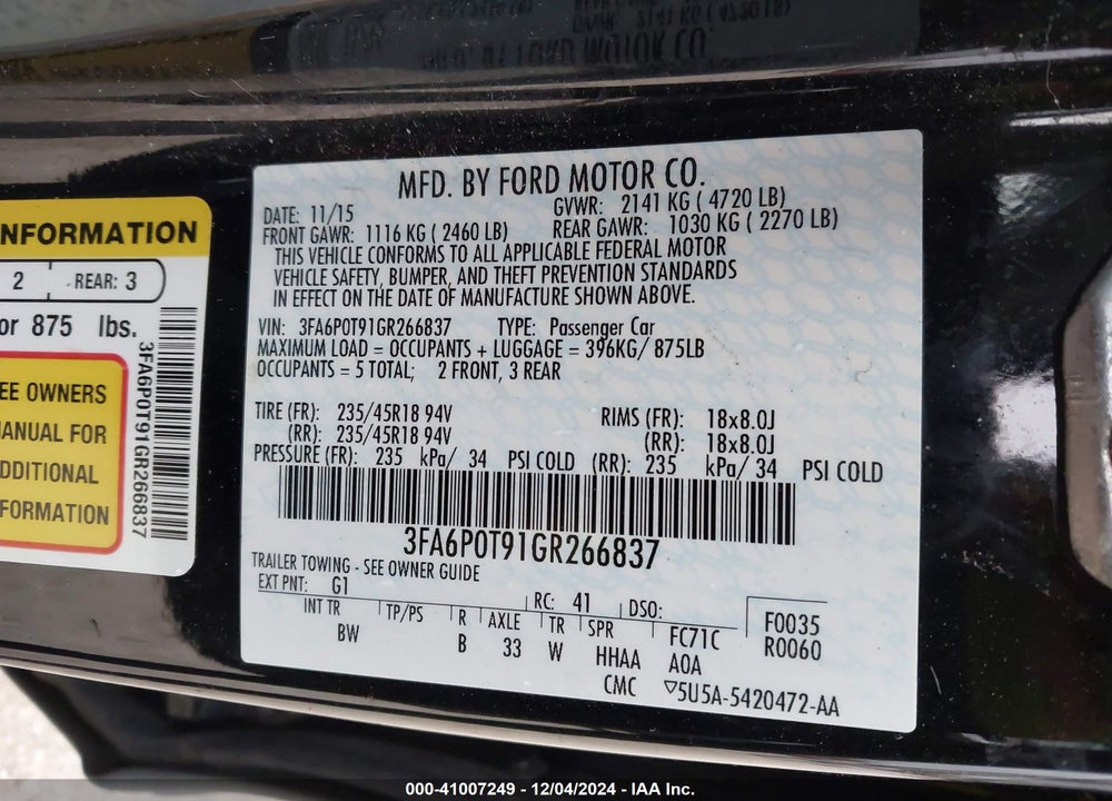 2016 FORD FUSION SE VIN: 3FA6P0T91GR266837