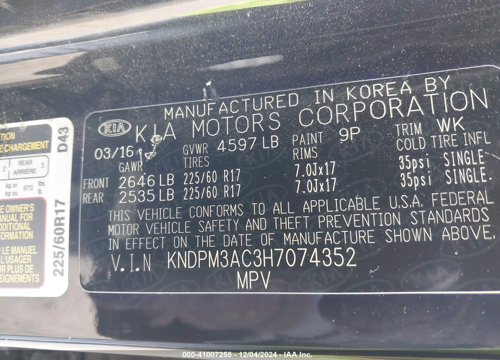 2017 KIA SPORTAGE LX VIN: KNDPM3AC3H7074352