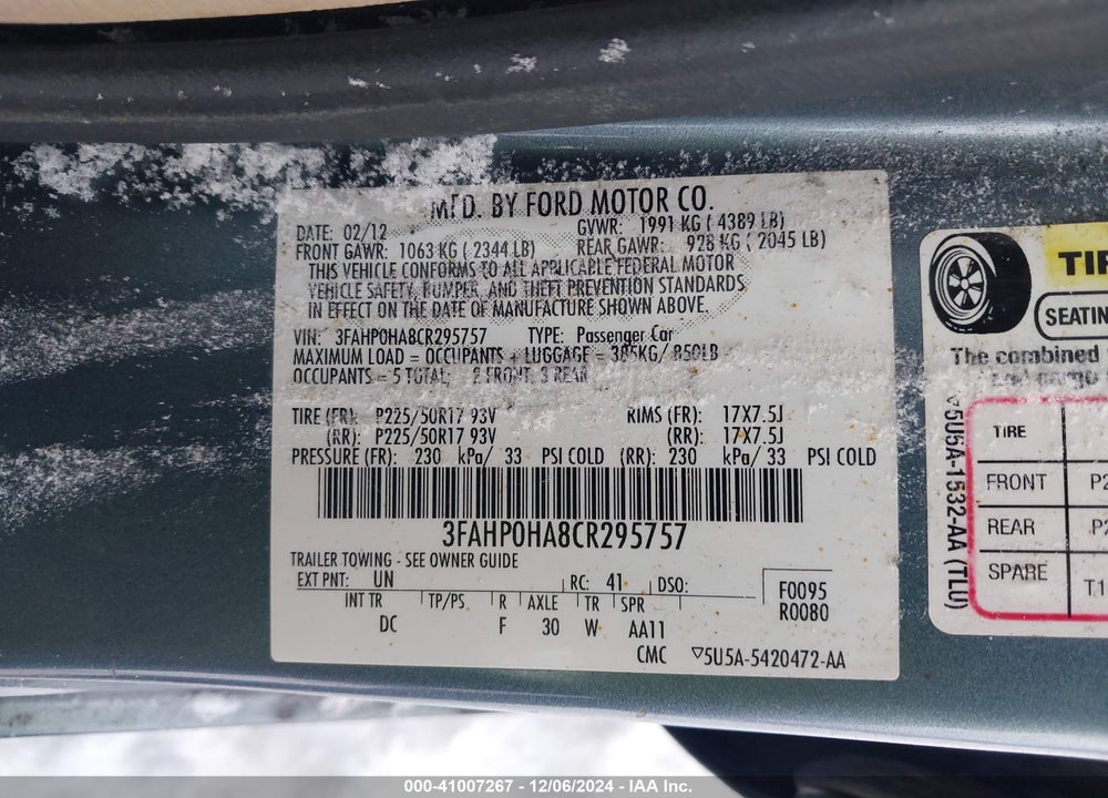 2012 FORD FUSION SE VIN: 3FAHP0HA8CR295757