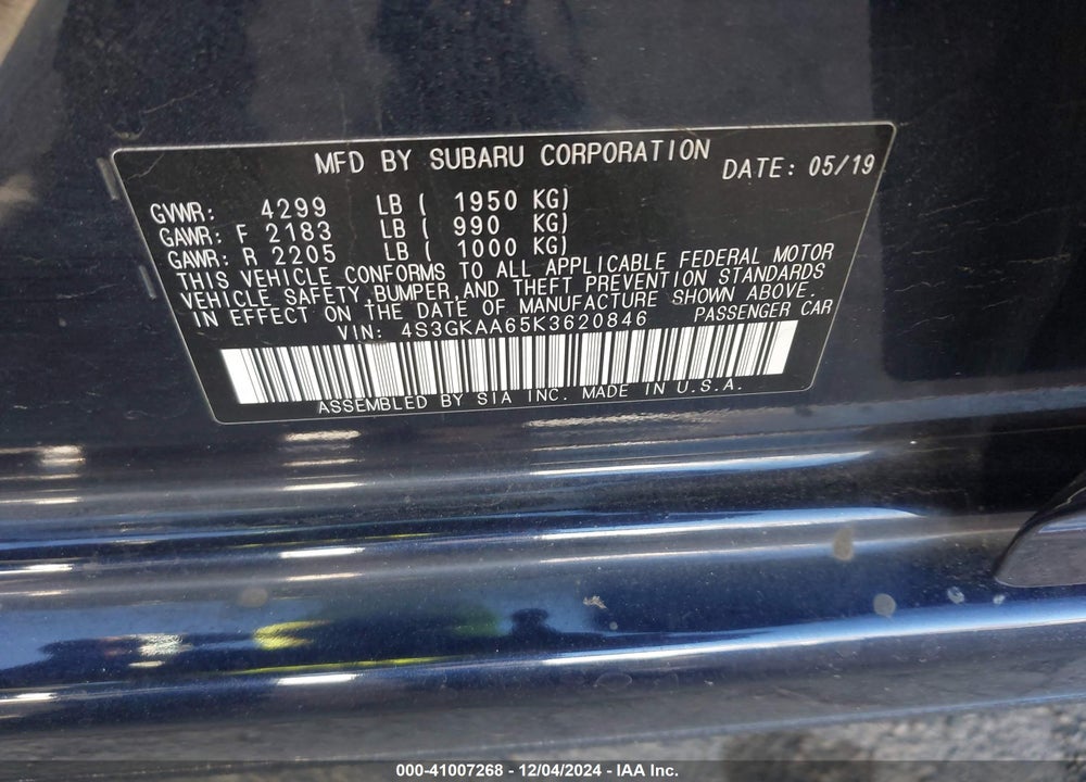 2019 SUBARU IMPREZA 2.0I VIN: 4S3GKAA65K3620846