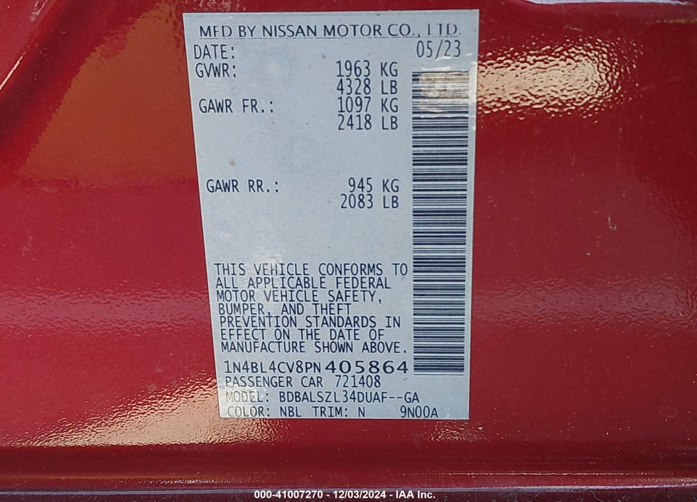 2023 NISSAN ALTIMA VIN: 1N4BL4CV8PN405864